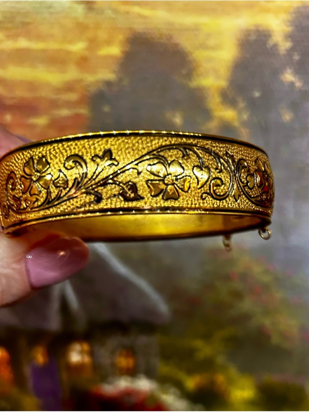 Vintage Gold Tone Floral Etched Bangle Bracelet 60s 70s Hinged Cuff